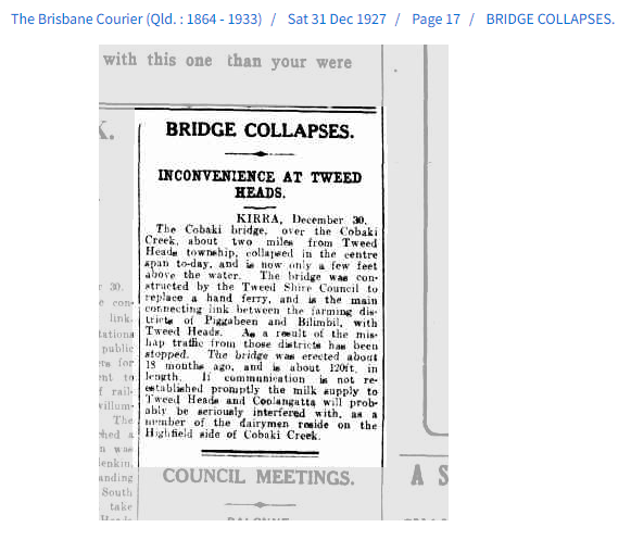 Cobaki Bridge at Tweed Heads - Collapse in 1927.png